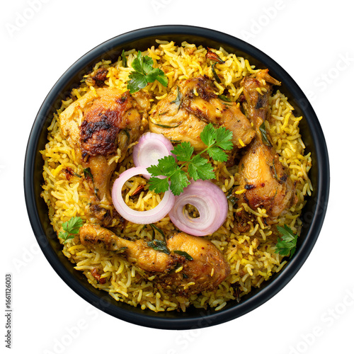 Delicious chicken biryani in black bowl on transparent background