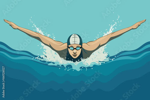 Swimmer performs perfect backstroke, body streamlined, water displacement minimal, powerful strokes.
