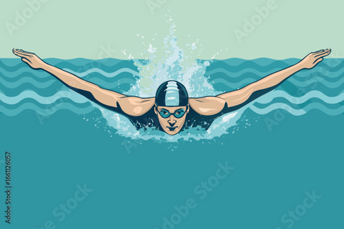 Swimmer executing perfect backstroke, serene focus, body horizontally aligned, powerful propulsion, muscular definition, water resistance, competitive spirit, athletic grace, calm surface.