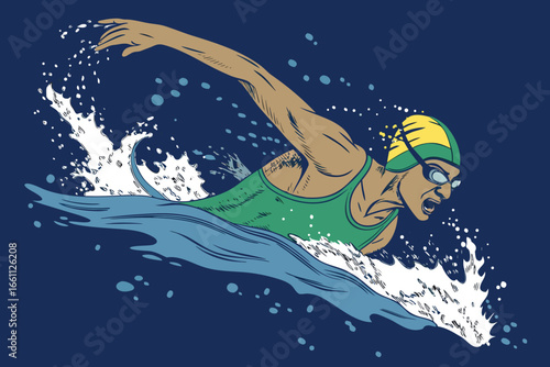 Powerful swimmer executing freestyle stroke, water splashing, intensely focused, competitive spirit, aquatic athlete, powerful motion.