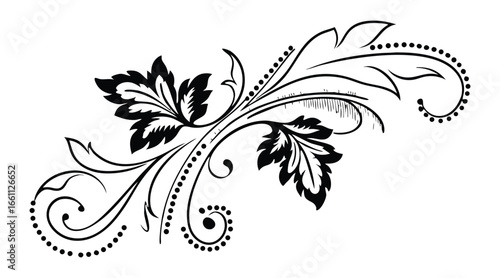 Floral ornament vector illustration with black and white decorative flower and leaf silhouette