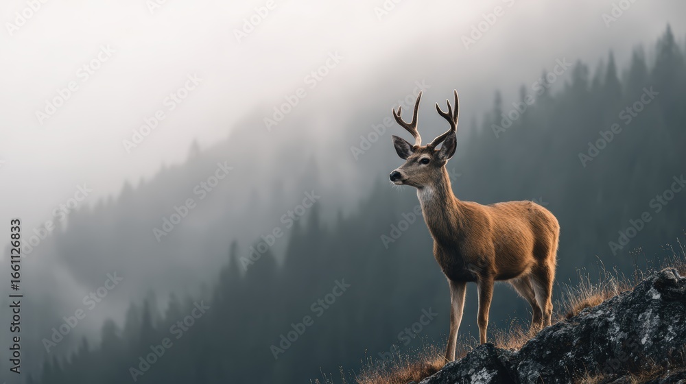 Fototapeta premium Majestic deer standing proudly on rocky mountain peak above mist covered forest landscape, perfect for wildlife conservation campaigns and outdoor adventure photography themes