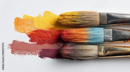 Extreme close-up of colorful paint brushes and tempera strokes on bright white paper, perfect for visual arts education, kids' craft projects, and vibrant school material design with copy space.