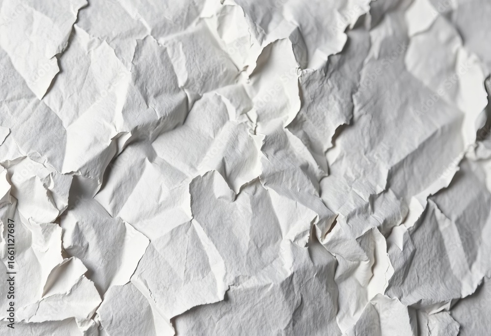 Fototapeta premium Close-up of crumpled, textured paper surface showing fibers and creases, white, detail