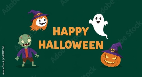 Happy Halloween Celebration with Ghost, Zombie, Pumpkin, and Witch