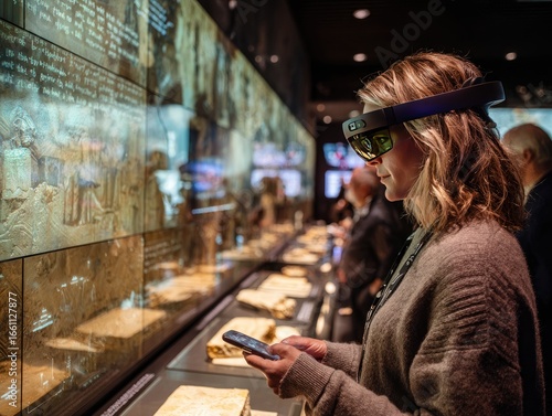 Woman uses AR glasses to view historical artifacts and info in a museum