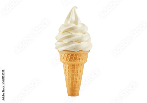 Isolated Classic Vanilla Soft Serve Ice Cream Swirl in a Wafer Cone