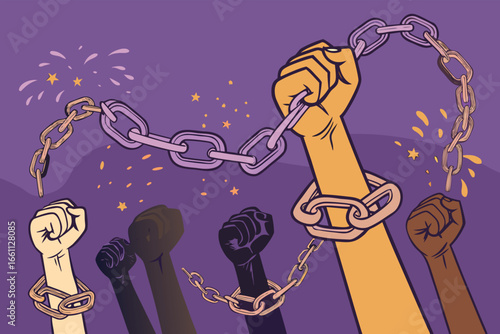 Unleash symbolic broken chains soaring freely amidst a vibrant, dynamic representation of liberation and overcoming adversity, freedom.