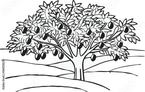 Olive Tree with Branches and Fruits – Farming Vector Illustration
