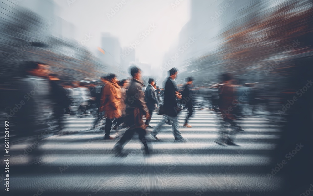 Obraz premium People walking in opposite directions on city crosswalk captured with motion blur perfect for illustrating social flow urban life and behavioral movement patterns