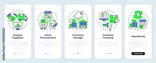 Steps of inventory management process onboarding mobile app screen. Walkthrough 5 steps editable graphic instructions with linear concepts. UI, UX, GUI. Montserrat SemiBold, Regular fonts used