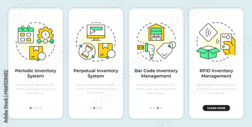 Inventory management systems onboarding mobile app screen. Supplies. Walkthrough 4 steps editable graphic instructions with linear concepts. UI, UX, GUI. Montserrat SemiBold, Regular fonts used