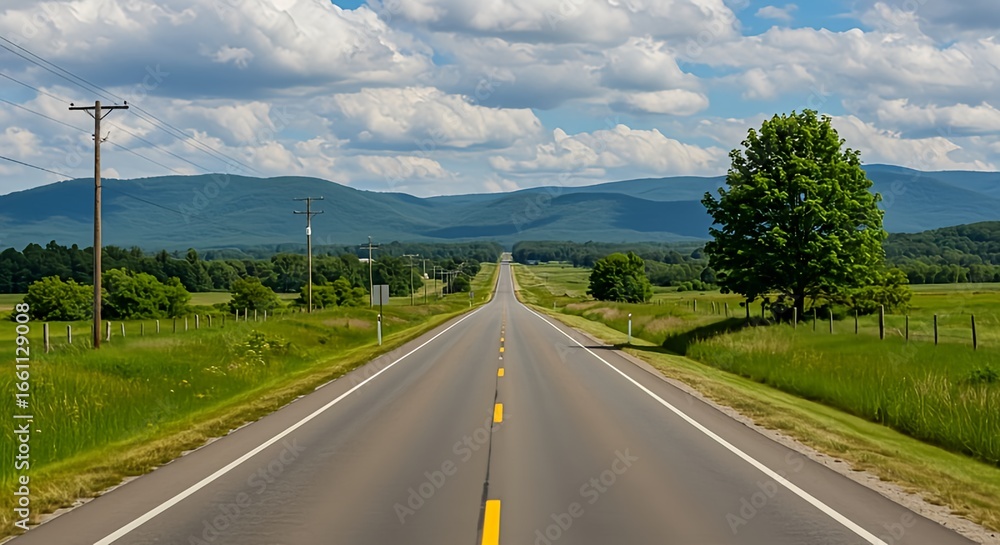 Endless Open Road Stretching Towards Distant Mountains Under a Cloudy Sky Endless Open Road Stretching Towards Distant Mountains Under a Cloudy Sky