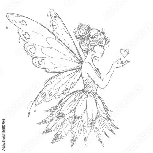 Beautiful fairy sketch holding a small heart.