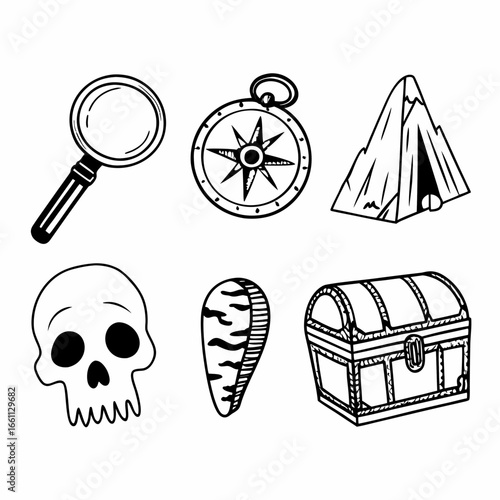 Hand drawn adventure and archeology icon set for design element