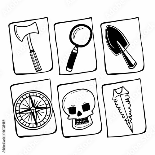 Illustration of archaeological tools including an axe, magnifying glass, shovel, compass, skull, and saw