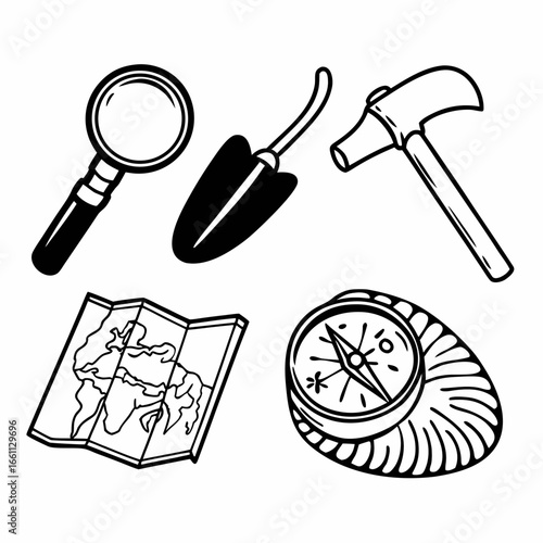 Illustration of archaeological tools including a magnifying glass, shovel, hammer, map, and compass