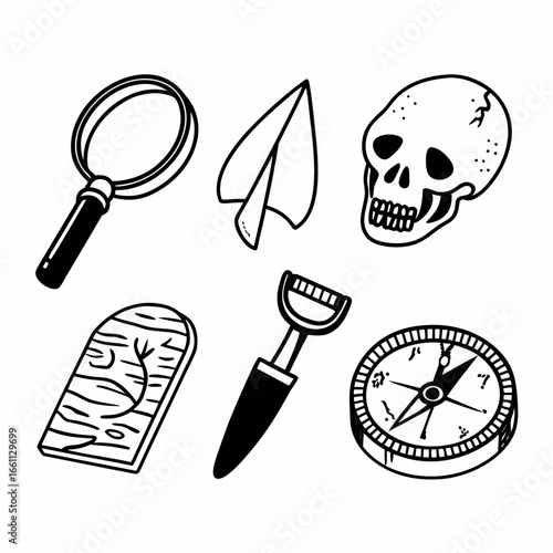 Illustration of archaeological tools including a magnifying glass, arrowhead, skull, and compass