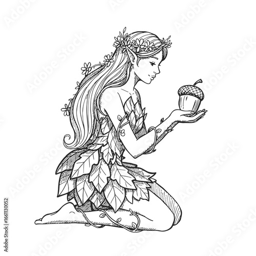 Beautiful kneeling forest elf holding a large acorn.