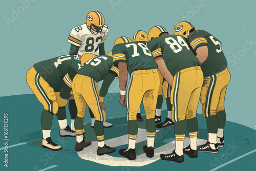 Energetic football team huddle, players in uniform, pre-game focus, stadium atmosphere, unity, anticipation, intense emotion, victory mindset.