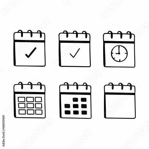Hand drawn calendar icons with check mark and clock for planning and events