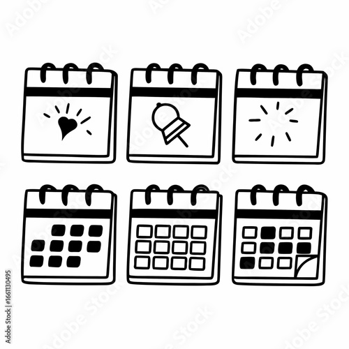 Collection of hand drawn calendar icons with heart, pin, and grid shapes