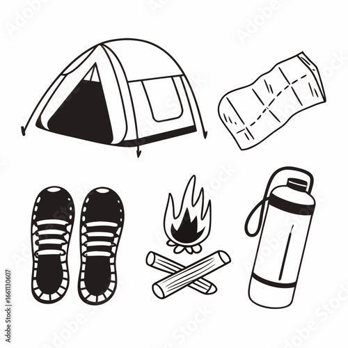 Camping and hiking equipment icons, including tent, fire and sleeping pad