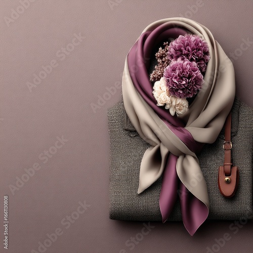 Purple and beige silk scarf arranged on a textured fabric with artificial flowers.