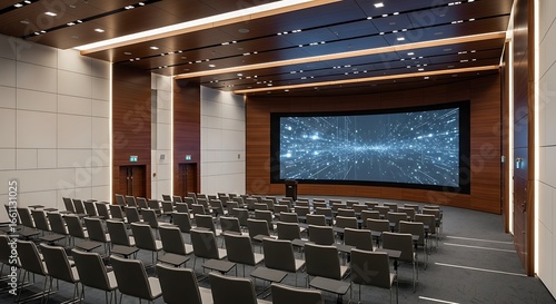 Modern Conference Hall Interior with LED Screen and Wooden Panels