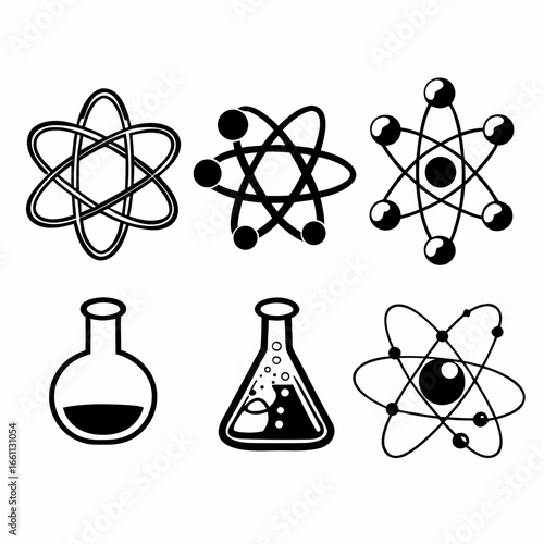 Collection of science and chemistry icons featuring atoms, molecules, and laboratory glassware