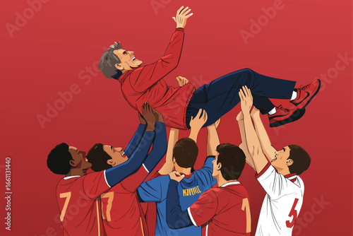 Joyful sports team lifts jubilant coach high, celebrating hard-won victory with enthusiastic cheers and team spirit.