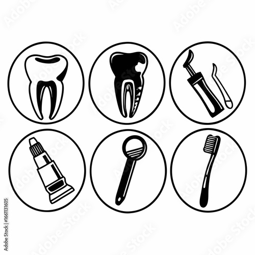 Dental care icons set featuring tooth, tools, and hygiene elements