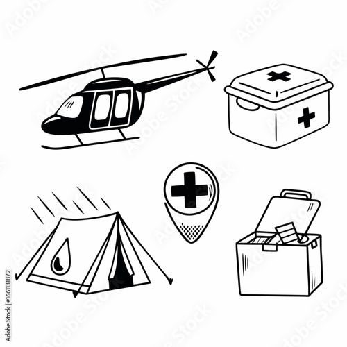 Medical assistance and rescue operation elements in doodle style