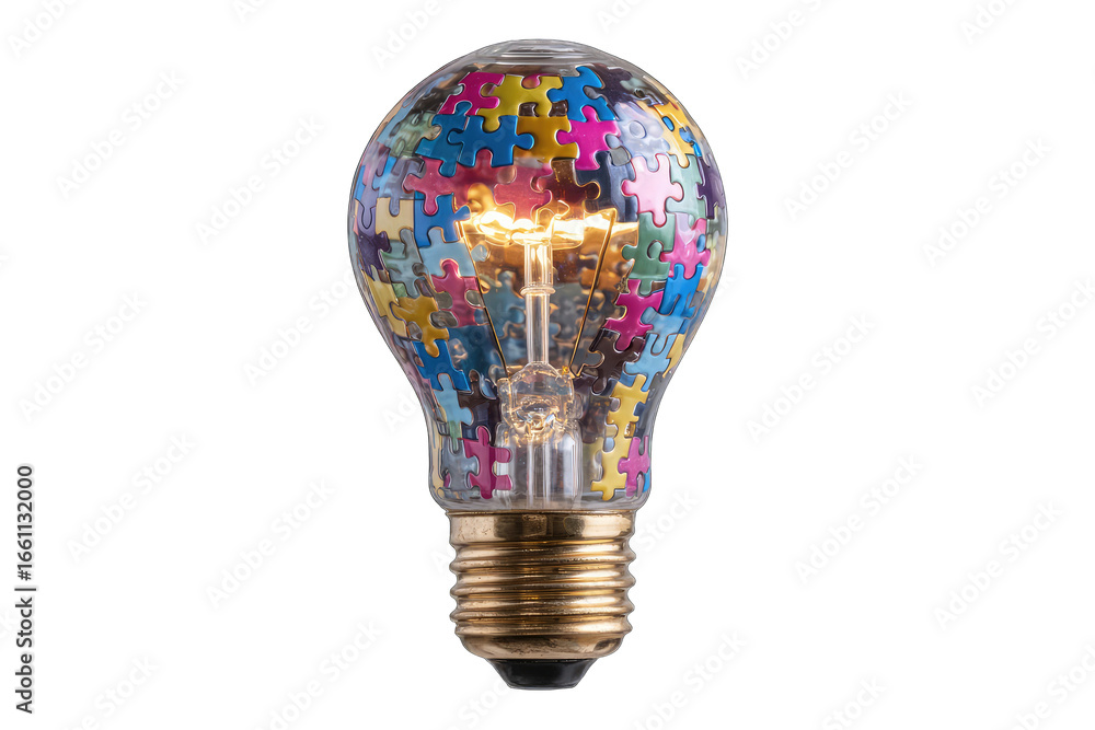 Fototapeta premium A glowing lightbulb filled with colorful jigsaw puzzle pieces