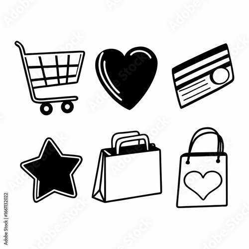 Online shopping icons set with cart, heart, credit card, star, and bag