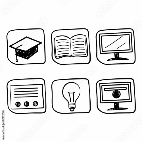 Hand drawn education icons representing online courses, learning and knowledge