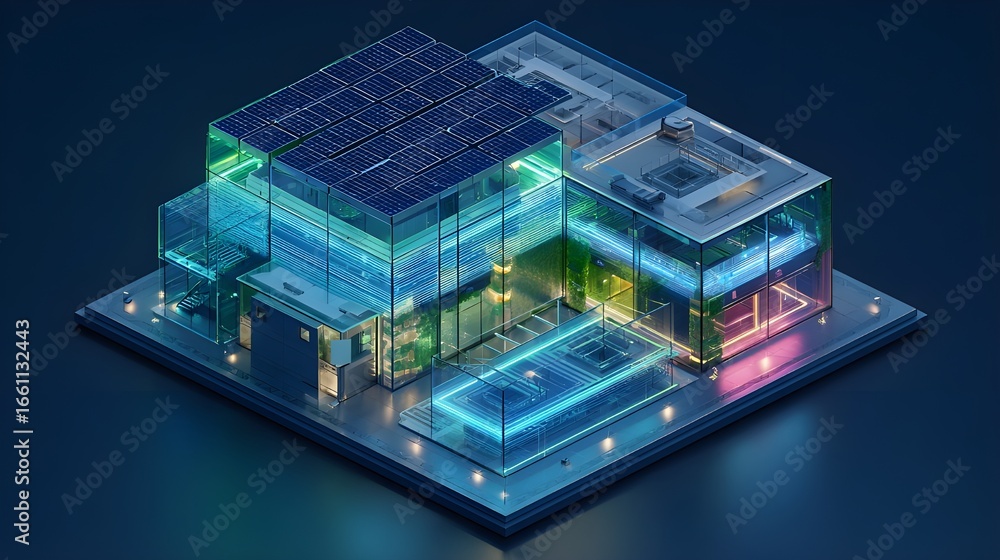 Obraz premium Isometric Smart Building Complex Infographic with Solar Panels and Smart Grid