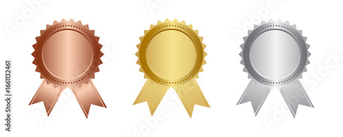 Gold, silver and bronze metal circle frames 3d vector realistic illustration. First, second and third place medals or buttons isolated on white background. Certified. Quality blank, empty badge set.