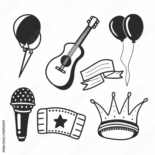 Hand drawn party and music elements featuring instruments and accessories