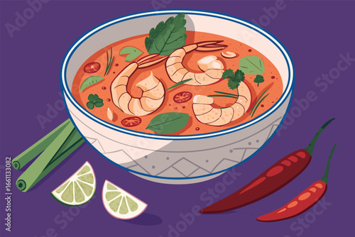 A steaming bowl of spicy tom yum soup with succulent shrimp, fragrant lemongrass stalks, and vibrant red chilies.