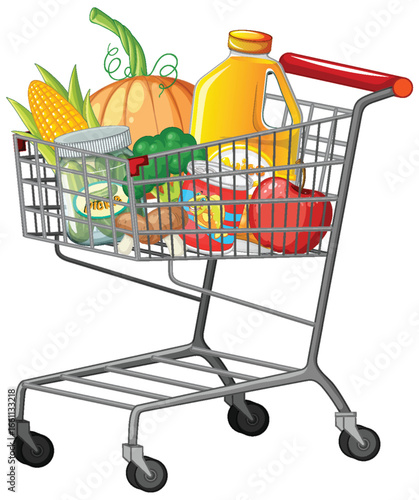 Shopping Cart Filled With Groceries and Fresh Produce