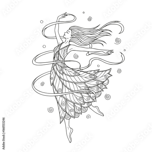 Elegant dancing woman in a leaf dress with a swirling ribbon.