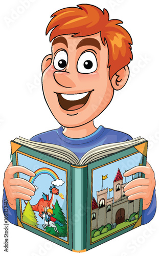 Smiling Boy Reading Illustrated Storybook With Castles