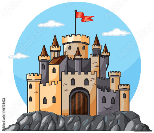Medieval Stone Castle on Rocky Hill with Red Flag