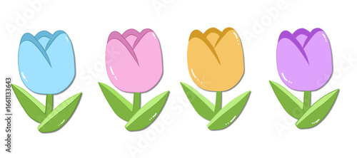 Illustration of colorful pastel tulips in cartoon style, blue, pink, yellow and purple.