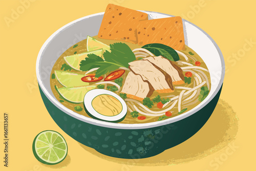 A steaming bowl of authentic Indonesian soto ayam, garnished with fresh lime, crispy shallots, and fragrant herbs.