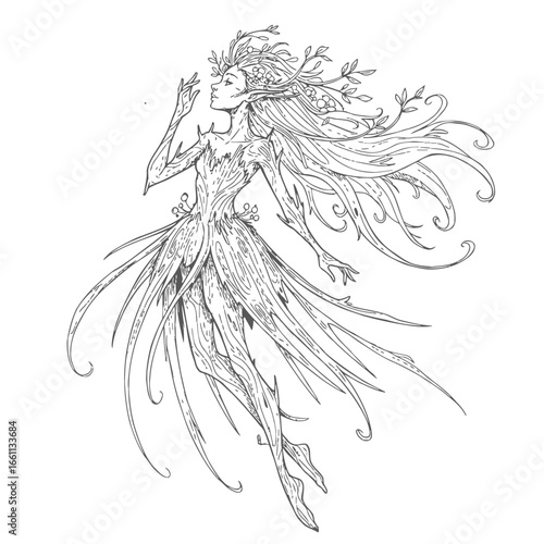 Elegant Dryad Nature Spirit Line Art Illustration 1.