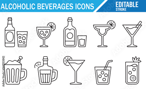Alcoholic Beverage Glasses and Bottles Icon Set for Food and Drink Projects