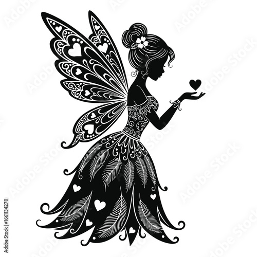 Elegant Fairy Silhouette with Intricate Wings and Heart.