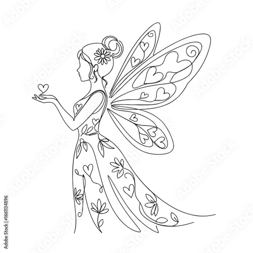 Elegant Fairy with Wings Holding a Heart Line Art.